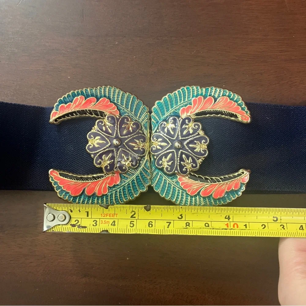 Vintage 1970s-80s Cloisonné Enamel Clasp Buckle with Navy Blue Stretch Blue